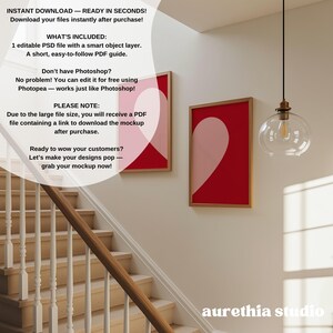 May include: Two framed art prints with a red background and a pink heart design hang on a wall. The prints are in wooden frames. The image also shows a staircase and a hanging light fixture. The text on the image says "INSTANT DOWNLOAD - READY IN SECONDS!"