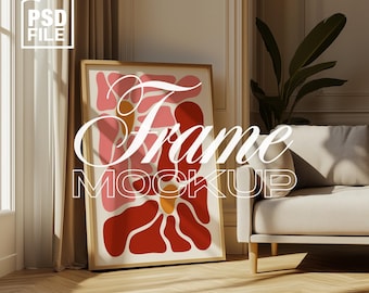 Vertical PSD Frame Mockup Living Room, Wood Frame Mockup, Frame Art Display, Digital Print and Poster Mockup, Home Interior Frame Mockup