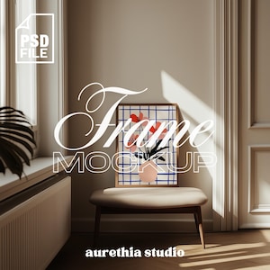 Frame Mockup PSD DIN A Vertical Frame Mockup Template for Photoshop Wood Frame Mockup Home Interior Scene Wooden Print and Poster Mockup