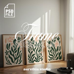 3 Frames Mockup, Interior Mockup Scene, DIN A Wooden Frames Mockup, Digital Frame, Frame Mockup with Reflection, Gallery Wall Art Set of 3