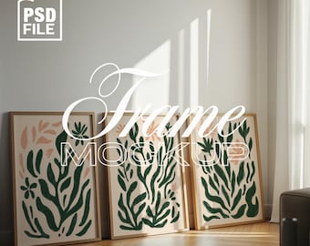 3 Frames Mockup, Interior Mockup Scene, DIN A Wooden Frames Mockup, Digital Frame, Frame Mockup with Reflection, Gallery Wall Art Set of 3