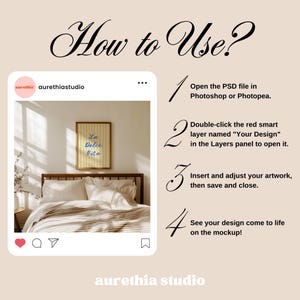 May include: A mockup image with instructions on how to use a PSD file in Photoshop or Photopea. The image shows a bed with striped bedding and a framed print that says "La Dolce Vita". The text also includes the steps to insert and adjust artwork.