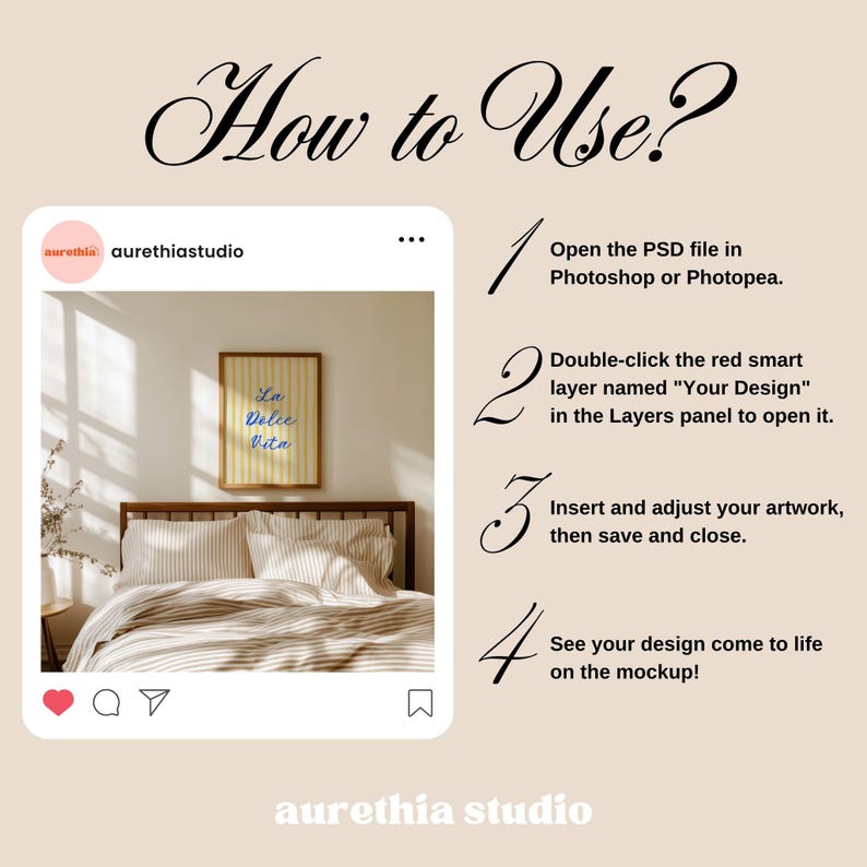 May include: A mockup image with instructions on how to use a PSD file in Photoshop or Photopea. The image shows a bed with striped bedding and a framed print that says "La Dolce Vita". The text also includes the steps to insert and adjust artwork.