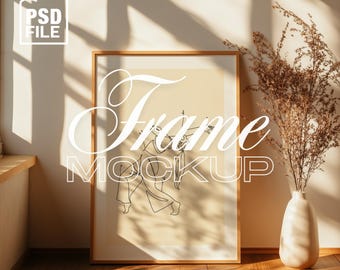 DIN A Vertical Frame Mockup, Wood Frame PSD for Prints and Artwork, Boho Style Interior Mockup, Frame Leaning on Wall Template for Photoshop
