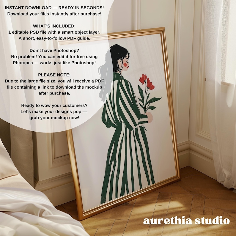 May include: A digital illustration of a woman in a green and white striped dress holding a bouquet of red flowers. The illustration is framed in gold and is leaning against a white wall. The text "aurethia studio" is visible in the bottom right corner of the image.