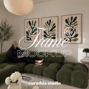 May include: Three vertical wall frames with light wood borders, each containing a botanical print with dark green, olive, and soft pink abstract leaf shapes. The text PSD and Frame MOCKUP are overlaid in white, with aurethia studio at the bottom.