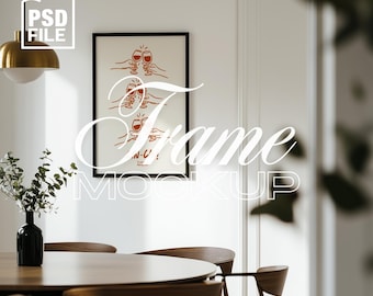 Vertical Black Frame Mockup Dining Room, 2x3 Ratio Poster Mockup, Interior Frame Mockup, Mockup Template for Art and Prints Photoshop Mockup