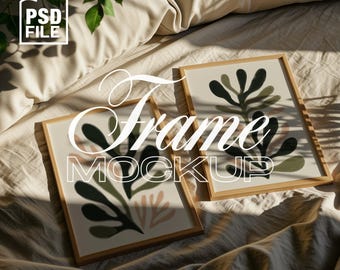 2 Frames Mockup, DIN A Ratio Vertical Frame Mockup, 2 Wood Frames PSD Template, Artwork Frame Mockup, Bedroom Scene Interior 2 Frames Mockup