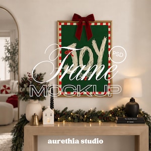 Christmas Poster Mockup, DIN A Vertical Gold Frame Template, Burgundy Velvet Bow Holiday Wall Art Display (PSD)