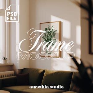 May include: A framed art print mockup with a botanical illustration in a living room setting. The artwork features green plant stems in a vase. The frame is a light brown color. The text "Frame Mockup" is overlaid on the image.