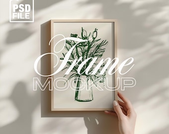 DIN A Ratio Frame Mockup With Person, Minimalist Wooden Frame Mockup, Vertical Print Poster Mockup, Frame Art Display, PSD Photoshop Mockup