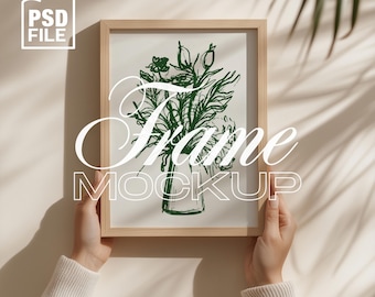 Frame Mockup with Person, Hands Holding Frame Mockup, 3x4 Ratio Wood Vertical Frame Mockup, Minimal Wooden Frame Mockup PSD Photoshop Mockup