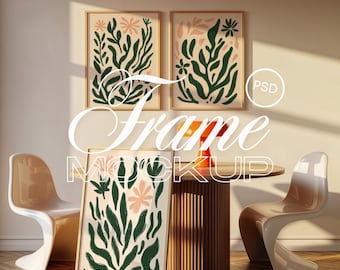 Set of 3 Frame Mockup, Three Multiple Gallery Set 3 Bundle, Wooden Frames Mockup, Modern Interior Frame Mockup Scene, DIN A PSD Template