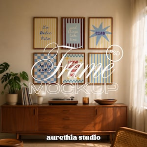 May include: A set of six framed wall art prints displayed in a grid above a wooden sideboard. The prints feature various designs including yellow stripes, blue checkered patterns, and text such as La Dolce Vita, good things take time, and CIAO.