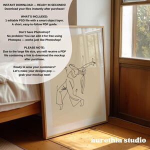 May include: A framed art print featuring a minimalist line drawing of a dancer in beige tones. The artwork is in a gold frame and leans against a wall. Text on the image includes "INSTANT DOWNLOAD" and "aurethia studio".