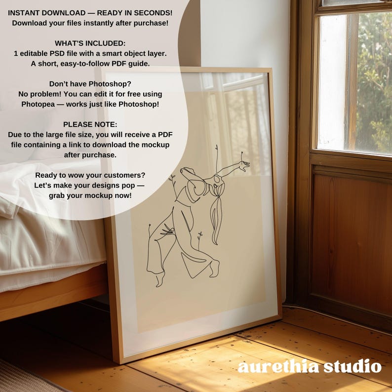 May include: A framed art print featuring a minimalist line drawing of a dancer in beige tones. The artwork is in a gold frame and leans against a wall. Text on the image includes "INSTANT DOWNLOAD" and "aurethia studio".