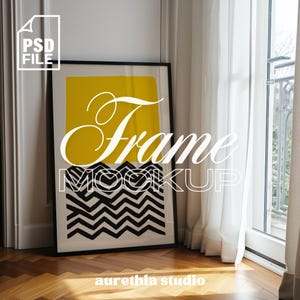Vertical PSD Frame Mockup, DIN A Ratio Black Frame Mockup, Frame Leaning Wall Template, Digital Print and Poster Mockup, Simple Frame Mockup
