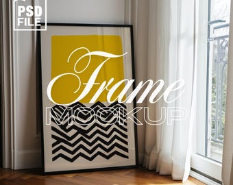 Vertical PSD Frame Mockup, DIN A Ratio Black Frame Mockup, Frame Leaning Wall Template, Digital Print and Poster Mockup, Simple Frame Mockup