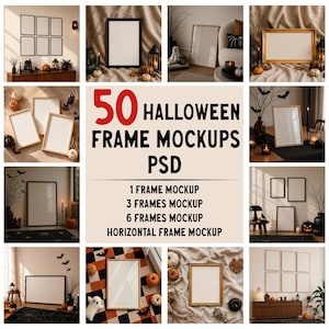 Può includere: Una collezione di 50 mockup di cornici di Halloween in formato PSD, con varie cornici vuote in ambientazioni festive con zucche, candele e pipistrelli. Il testo recita 50 HALLOWEEN FRAME MOCKUPS PSD, 1 FRAME MOCKUP, 3 FRAMES MOCKUP, 6 FRAMES MOCKUP, HORIZONTAL FRAME MOCKUP.