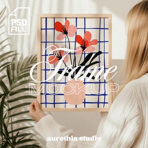 Poster Mockup With Person, Frame Mockup, Woman Holding Frame Mockup, Picture Frame Mockup, Realistic Art Wooden Frame Mockup Home Interior