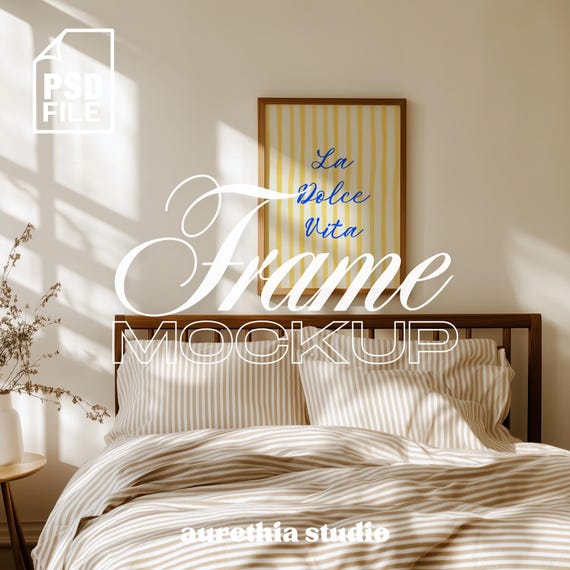 Vertical PSD Frame Mockup, DIN A Ratio, Frame Mockup in Boho Bedroom Scene, Artwork Frame Mockup, Poster Print Mockup, Interior Frame Mockup