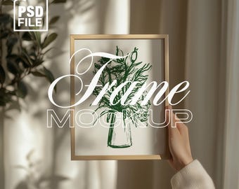 Frame Mockup with Person, Hand Holding Frame Mockup, Wood Vertical Frame Mockup, Artwork Display, PSD Photoshop Frame Mockup Home Interior