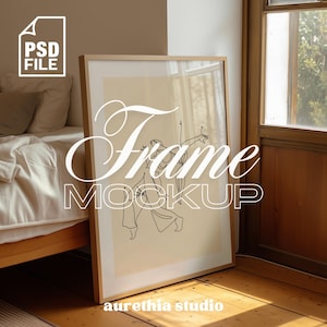 DIN En trärammodellmall för konst och tryck, träram i sovrumsscen PSD, Photoshop-rammodell, digital rammodellmall