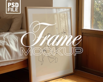DIN A Wood Frame Mockup Template for Art and Print, Wood Frame in Bedroom Scene PSD, Photoshop Frame Mockup, Digital Frame Mockup Template