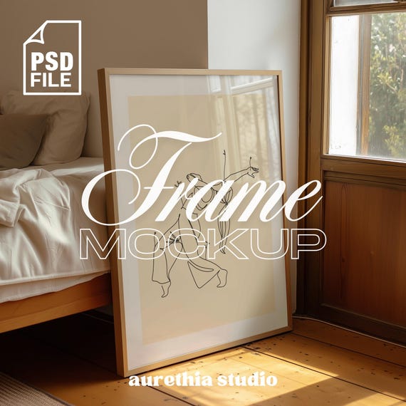 DIN A Wood Frame Mockup Template for Art and Print, Wood Frame in Bedroom Scene PSD, Photoshop Frame Mockup, Digital Frame Mockup Template