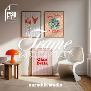 Set of 3 Frame Mockup, Three Multiple Gallery Set 3 Bundle, Wooden Frames Mockup, Modern Interior Frame Mockup Scene, DIN A PSD Template