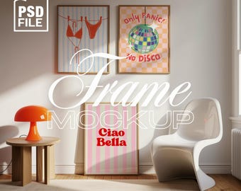 Set of 3 Frame Mockup, Three Multiple Gallery Set 3 Bundle, Wooden Frames Mockup, Modern Interior Frame Mockup Scene, DIN A PSD Template
