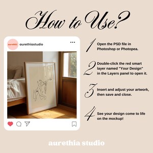 May include: A beige-toned graphic with the text "How to Use?" and instructions for using a PSD file in Photoshop or Photopea. The image includes a framed artwork and a social media-style frame.