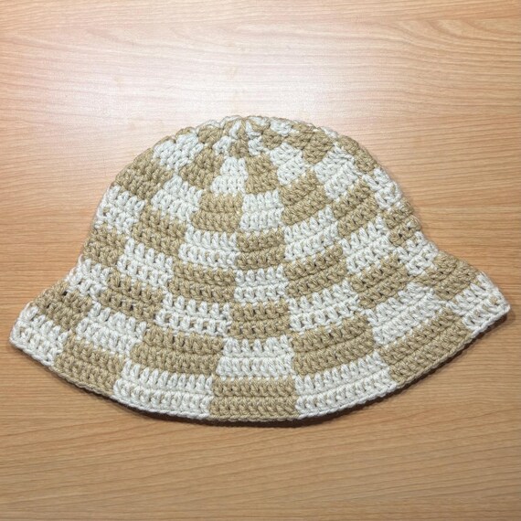 Crochet Handmade Tan‎ And Cream Check Bucket Hat NEW Made by Minga | Unisex Crochet Checkered Bucket Hat | Handmade main image 2