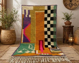 Alfombra marroquí naranja hecha a mano, alfombra bereber colorida