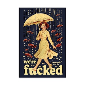 Postal Retro “We're fucked” – Ilustración Vintage con Humor Negro y Peces Voladores