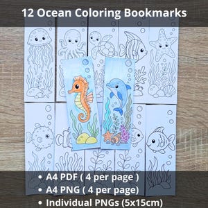 Utskrivbara bokmärken med havsdjur, 12 bokmärken med havsdjur att färglägga, barnaktivitet med hav, utskrivbart för klassrummet, A4 PDF PNG