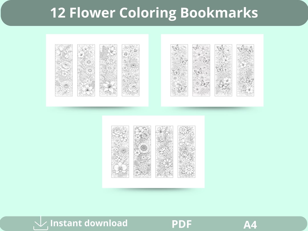 Flower Coloring Bookmarks Printable, 12 Floral Bookmarks to Color ...