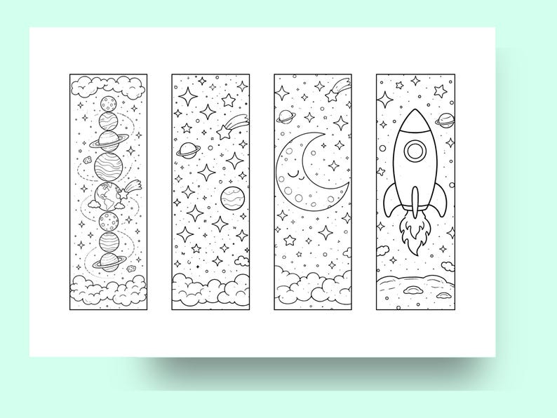 Space Coloring Bookmarks Printable, 12 Galaxy Bookmarks to Color, Kids Space Activity, Classroom Printable, Homeschool A4 PDF PNG