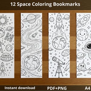 Segnalibri spaziali da colorare stampabili, 12 segnalibri da colorare, attività spaziale per bambini, stampabili per la classe, per l'istruzione domestica, formato A4, PDF e PNG.