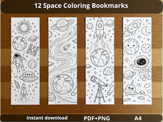 Space Coloring Bookmarks Printable, 12 Bookmarks to Color, Kids Space Activity, Classroom Printable, Homeschool A4 PDF PNG