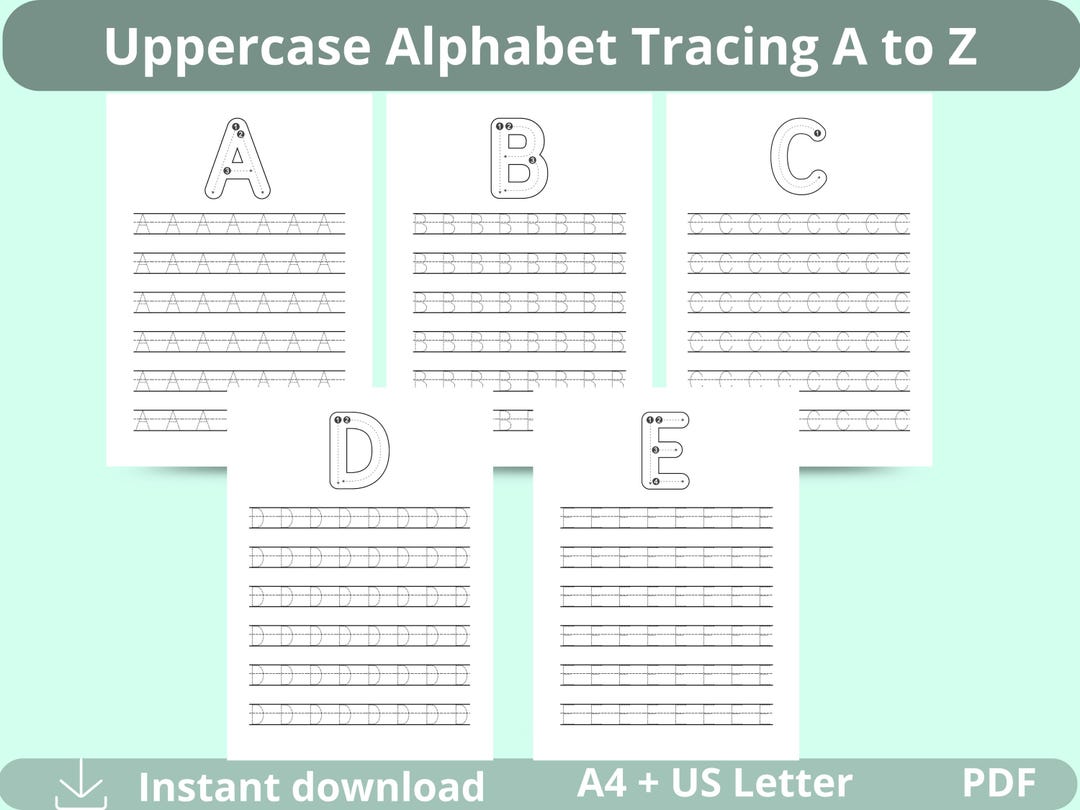 Uppercase Alphabet Tracing Worksheets A–Z, Printable Letter Writing ...