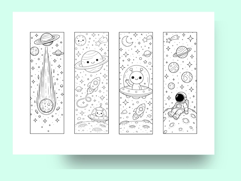Space Coloring Bookmarks Printable, 12 Galaxy Bookmarks to Color, Kids Space Activity, Classroom Printable, Homeschool A4 PDF PNG