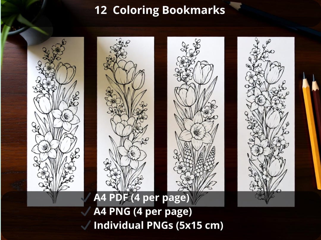 Spring Flower Coloring Bookmark Printable, A4 PDF PNG - Etsy