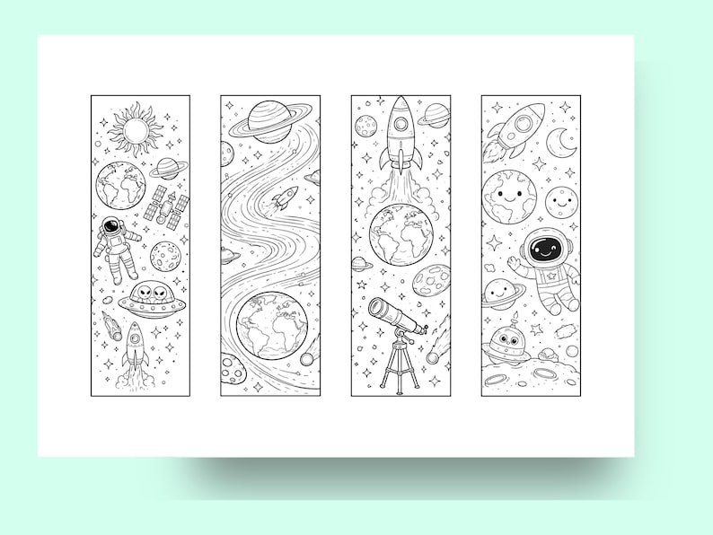 Space Coloring Bookmarks Printable, 12 Galaxy Bookmarks to Color, Kids Space Activity, Classroom Printable, Homeschool A4 PDF PNG