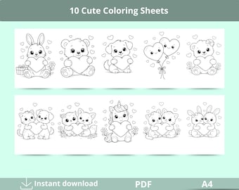 Cute Coloring Pages PDF, Easy Coloring Sheets, Valentine Coloring Pages for Kids, Printable A4