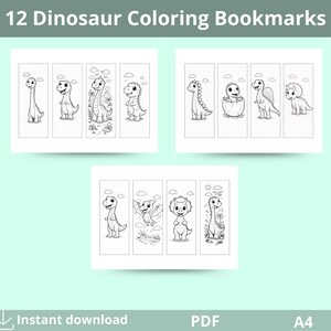 Utskrivbara dinosauriebokmärken att måla, 12 söta dinosauriebokmärken att färglägga, bokmärkesaktivitet för barn, utskrivbart klassrum, hemundervisning A4 PDF