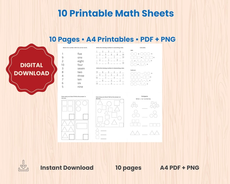 Math Worksheets for Kids, A4 Numbers and Shapes Printable - Etsy