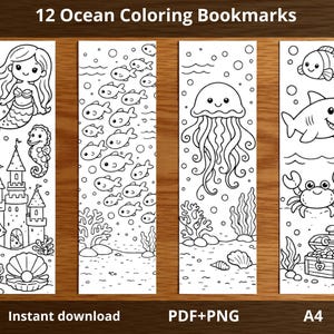 Marcapáginas para colorear del océano, imprimibles, 12 marcapáginas de animales marinos para colorear, actividad infantil sobre el océano, imprimible para el aula, formato A4 PDF PNG