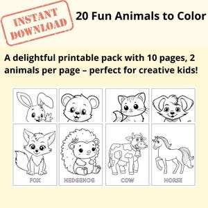 Animals Coloring Pages for Kids, 20 Easy Animal Images, Printable Coloring Book for Preschool and Kindergarten, Fun Kids Activity PDF