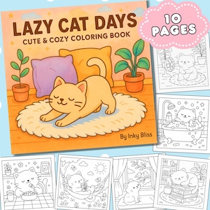 May include: A coloring book titled "Lazy Cat Days: Cute & Cozy Coloring Book" with 10 pages featuring illustrations of cats in various relaxing activities. The cover shows a cat stretching on a rug.